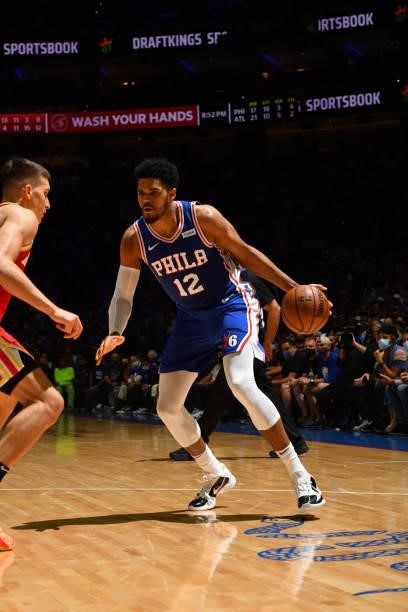 Tobias Harris of the Philadelphia 76ers handles the ball against the Atlanta Hawks during Round 2, Game 2 of the Eastern Conference Playoffs on June...