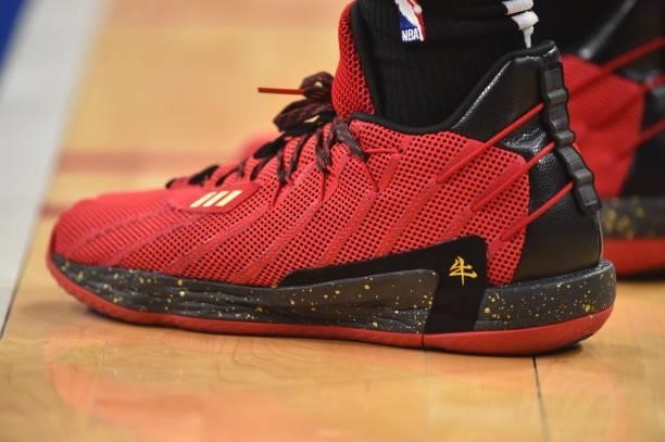 The sneakers worn by Onyeka Okongwu of the Atlanta Hawks during Round 2, Game 2 of the Eastern Conference Playoffs on June 8, 2021 at Wells Fargo...