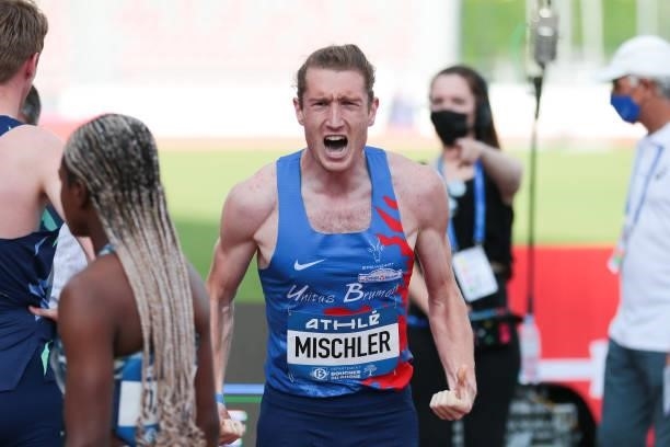 Baptiste Mischler of France - 1500 m - celebrates his qualification for Tokyo Olympics Games during the Meeting Marseille on June 9, 2021 in...