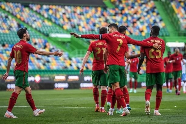 Portugal's forward Cristiano Ronaldo celebrates scoring their second goal during the international friendly football match between Portugal and...