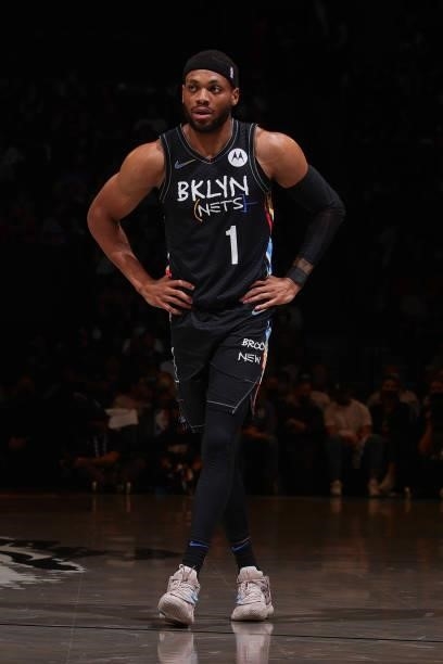 Bruce Brown of the Brooklyn Nets looks on during Round 2, Game 2 of the 2021 NBA Playoffs on June 7, 2021 at Barclays Center in Brooklyn, New York....