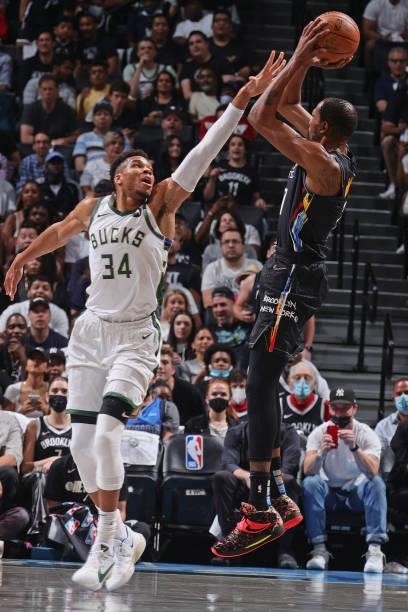 Giannis Antetokounmpo of the Milwaukee Bucks plays defense on Kevin Durant of the Brooklyn Nets during Round 2, Game 2 of the 2021 NBA Playoffs on...