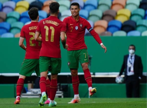Cristiano Ronaldo of Portugal celebrates with teammates after scoring a goal during the International Friendly match between Portugal and Israel at...