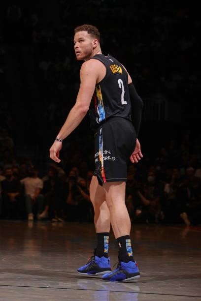 Blake Griffin of the Brooklyn Nets looks on during Round 2, Game 2 of the 2021 NBA Playoffs on June 7, 2021 at Barclays Center in Brooklyn, New York....