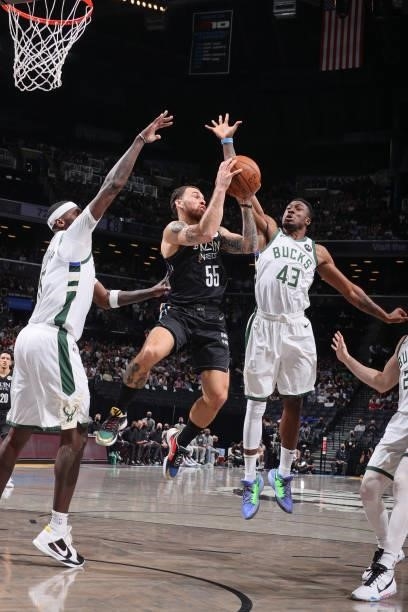 Mike James of the Brooklyn Nets handles the ball during Round 2, Game 2 of the 2021 NBA Playoffs on June 7, 2021 at Barclays Center in Brooklyn, New...