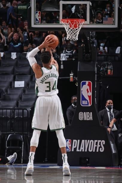 Giannis Antetokounmpo of the Milwaukee Bucks shoots a free throw during Round 2, Game 2 of the 2021 NBA Playoffs on June 7, 2021 at Barclays Center...