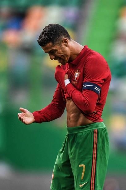 Portugal's forward Cristiano Ronaldo reacts during the international friendly football match between Portugal and Israel at the Jose Alvalade stadium...