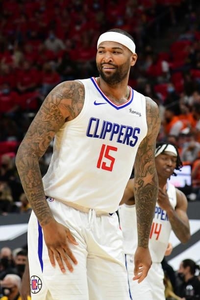 Marcus Morris Sr. #8 of the LA Clippers looks on during Round 2, Game 1 of the 2021 NBA Playoffs on June 8, 2021 at vivint.SmartHome Arena in Salt...