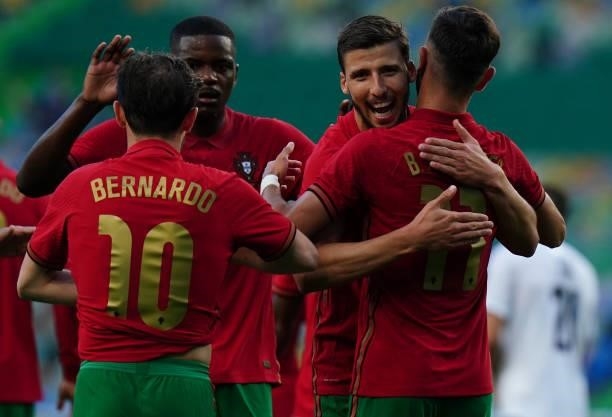 Bruno Fernandes of Portugal celebrates with teammates after scoring a goal during the International Friendly match between Portugal and Israel at...
