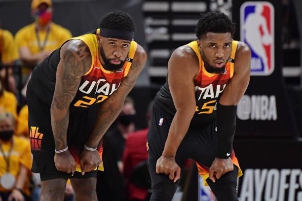 Royce O'Neale and Donovan Mitchell of the Utah Jazz look on during Round 2, Game 1 of the 2021 NBA Playoffs on June 8, 2021 at vivint.SmartHome Arena...