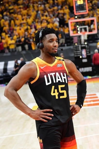 Donovan Mitchell of the Utah Jazz is interviewed after the game against the LA Clippers during Round 2, Game 1 of the 2021 NBA Playoffs on June 8,...