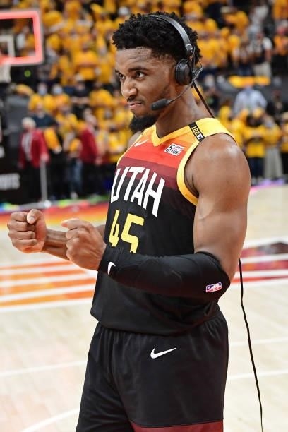 Donovan Mitchell of the Utah Jazz is interviewed after the game against the LA Clippers during Round 2, Game 1 of the 2021 NBA Playoffs on June 8,...