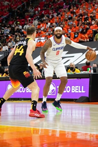 Marcus Morris Sr. #8 of the LA Clippers dribbles the ball during Round 2, Game 1 of the 2021 NBA Playoffs on June 8, 2021 at vivint.SmartHome Arena...
