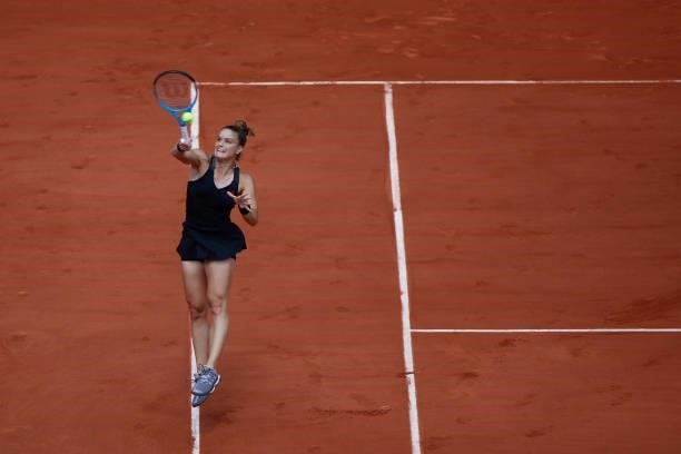 Maria Sakkari of Greece in action against Iga Swiatek of Poland in their quarter final match at the French Open tennis tournament at Roland Garros in...