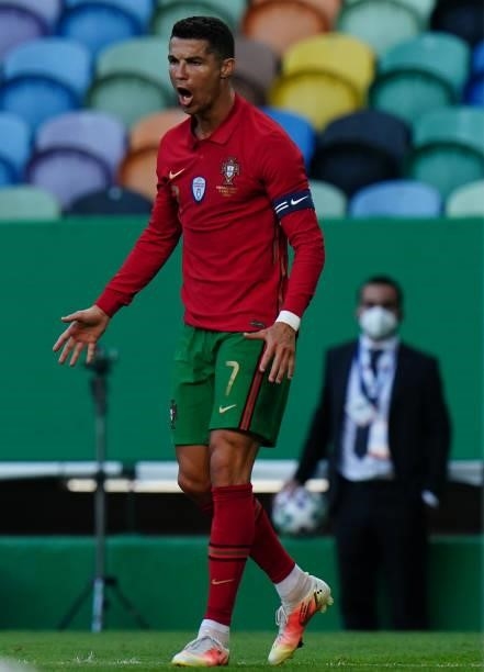 Cristiano Ronaldo of Portugal celebrates after scoring a goal during the International Friendly match between Portugal and Israel at Estadio Jose...