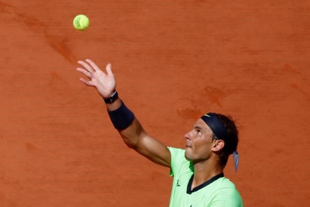Spain's Rafael Nadal plays against Argentina's Diego Schwartzman during their men's singles quarter-final tennis match on Day 11 of The Roland Garros...