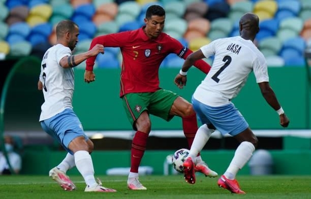 Cristiano Ronaldo of Portugal and Juventus with Eliazer Dasa of Israel in action during the International Friendly match between Portugal and Israel...