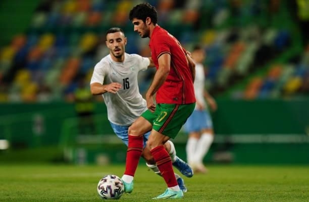 Goncalo Guedes of Portugal and Valencia CF with Neta Lavi of Israel and Maccabi Haifa FC in action during the International Friendly match between...