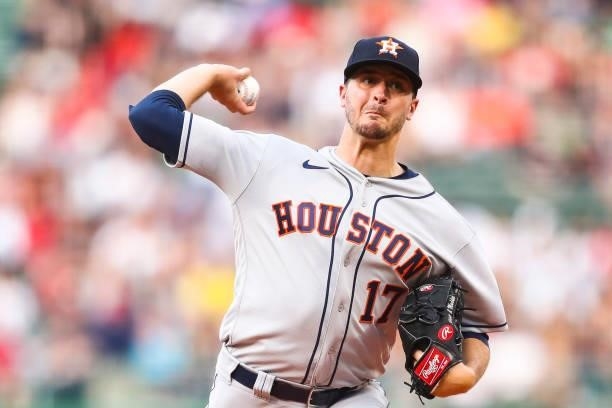 Michael Collins of the Houston Astros pitches in the first inning of a game against the Boston Red Sox at Fenway Park on June 9, 2021 in Boston,...