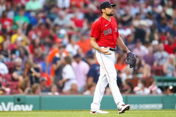 Nathan Eovaldi of the Boston Red Sox looks on after giving up a run in the third inning of a game against the Houston Astros at Fenway Park on June...