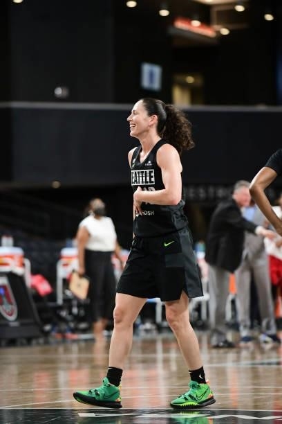 Sue Bird of the Seattle Storm smiles during the game against the Atlanta Dream on June 9, 2021 at Gateway Center Arena in College Park, Georgia. NOTE...