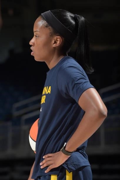 Lindsay Allen of the Indiana Fever looks on before the game against the Chicago Sky on June 9, 2021 at the Wintrust Arena in Chicago, Illinois. NOTE...