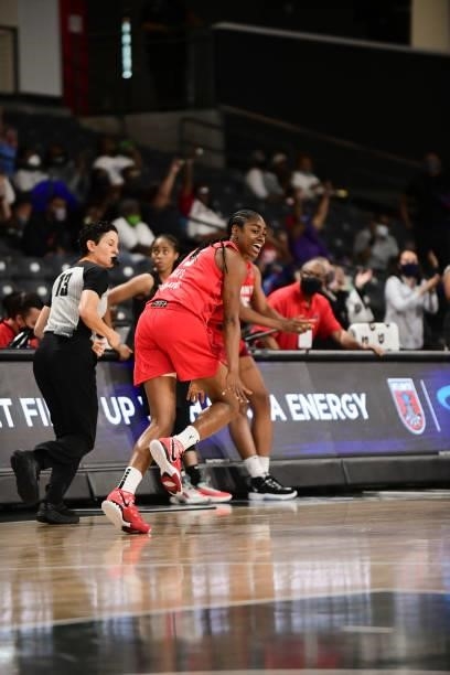 Tiffany Hayes of the Atlanta Dream reacts to her three point basket during the game against the Seattle Storm on June 9, 2021 at Gateway Center Arena...