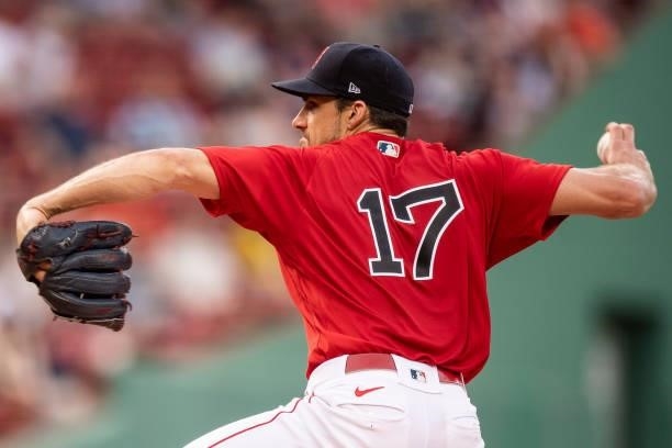 Nathan Eovaldi of the Boston Red Sox delivers during the first inning of a game against the Houston Astros on June 9, 2021 at Fenway Park in Boston,...