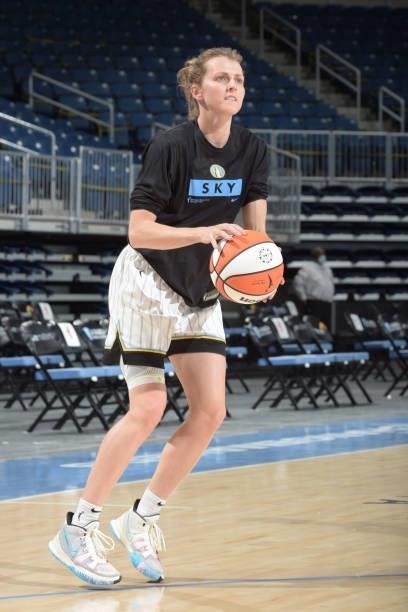 Allie Quigley of the Chicago Sky warms up before the game against the Indiana Fever on June 9, 2021 at the Wintrust Arena in Chicago, Illinois. NOTE...