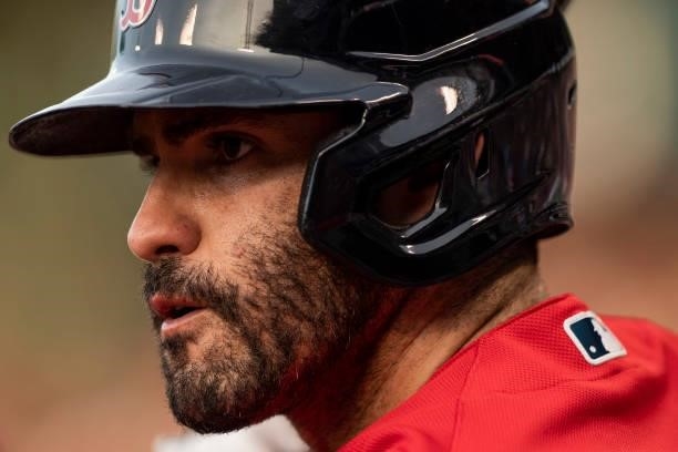 Martinez of the Boston Red Sox looks on during the first inning of a game against the Houston Astros on June 9, 2021 at Fenway Park in Boston,...