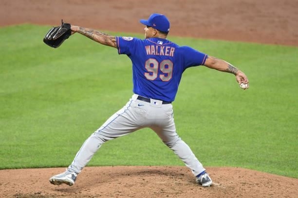 Taijuan Walker of the New York Mets pitches in the third inning during a game against the Baltimore Orioles at Oriole Park at Camden Yards on June 9,...