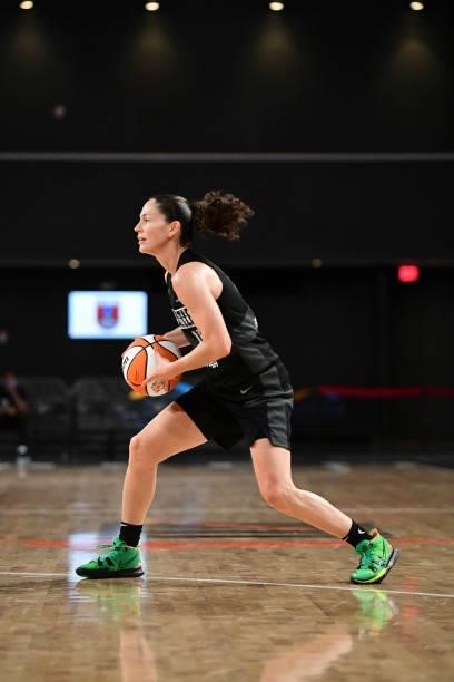 Sue Bird of the Seattle Storm handles the ball during the game against the Atlanta Dream on June 9, 2021 at Gateway Center Arena in College Park,...