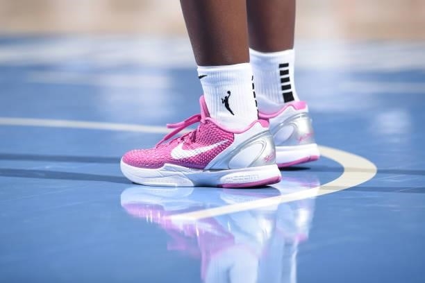 The sneakers worn by Dana Evans of the Chicago Sky during the game against the Indiana Fever on June 9, 2021 at the Wintrust Arena in Chicago,...
