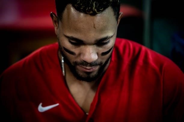 Xander Bogaerts of the Boston Red Sox looks on in the batting cage before a game against the Houston Astros on June 9, 2021 at Fenway Park in Boston,...