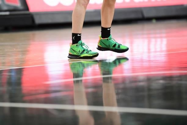 The sneakers worn by Sue Bird of the Seattle Storm during the game against the Atlanta Dream on June 9, 2021 at Gateway Center Arena in College Park,...