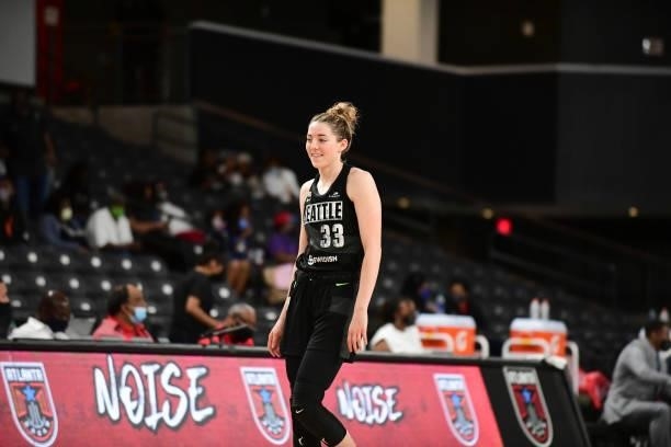 Katie Lou Samuelson of the Seattle Storm smiles during the game against the Atlanta Dream on June 9, 2021 at Gateway Center Arena in College Park,...