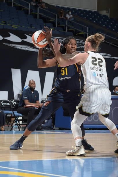 Jessica Breland of the Indiana Fever handles the ball against the Chicago Sky on June 9, 2021 at the Wintrust Arena in Chicago, Illinois. NOTE TO...