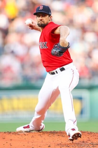 Nathan Eovaldi of the Boston Red Sox pitches in the first inning of a game against the Houston Astros at Fenway Park on June 9, 2021 in Boston,...