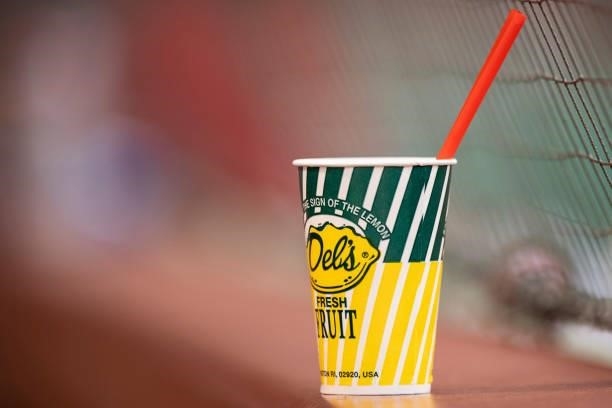 Cup of Dels Lemonade is shown during a game between the Boston Red Sox and the Houston Astros on June 9, 2021 at Fenway Park in Boston, Massachusetts.