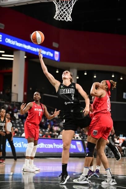 Stephanie Talbot of the Seattle Storm drives to the basket during the game against the Atlanta Dream on June 9, 2021 at Gateway Center Arena in...