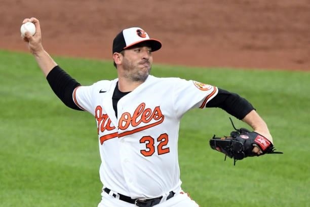 Matt Harvey of the Baltimore Orioles pitches in the first inning during a game against the New York Mets at Oriole Park at Camden Yards on June 9,...
