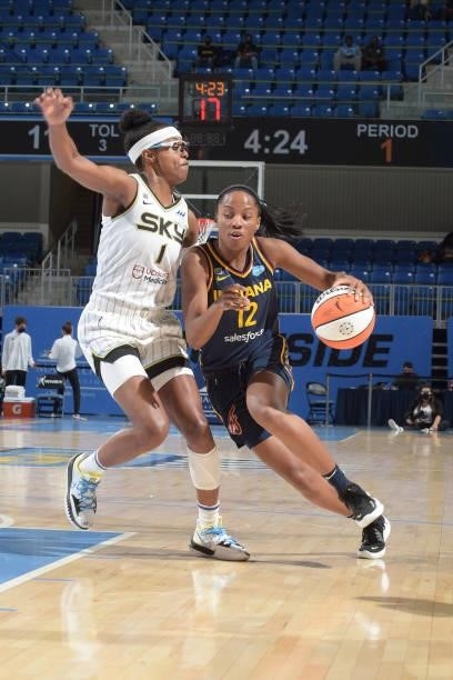 Lindsay Allen of the Indiana Fever drives to the basket against the Chicago Sky on June 9, 2021 at the Wintrust Arena in Chicago, Illinois. NOTE TO...