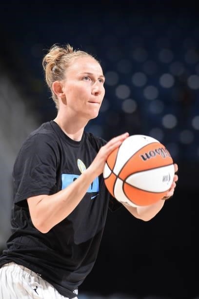 Courtney Vandersloot of the Chicago Sky warms up before the game against the Indiana Fever on June 9, 2021 at the Wintrust Arena in Chicago,...