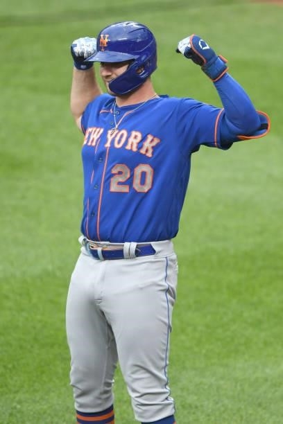Pete Alonso of the New York Mets celebrates hitting a two-run home run in the first inning during a game against the Baltimore Orioles at Oriole Park...