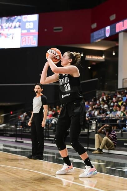 Katie Lou Samuelson of the Seattle Storm shoots a three point basket during the game against the Atlanta Dream on June 9, 2021 at Gateway Center...