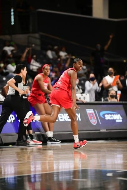 Tiffany Hayes of the Atlanta Dream reacts to her three point basket during the game against the Seattle Storm on June 9, 2021 at Gateway Center Arena...