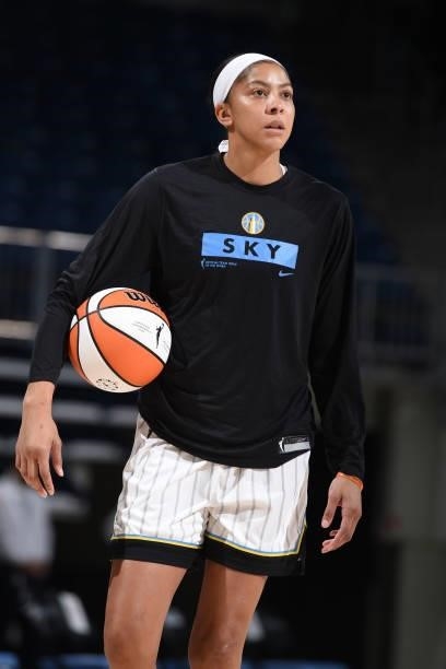 Candace Parker of the Chicago Sky looks on before the game against the Indiana Fever on June 9, 2021 at the Wintrust Arena in Chicago, Illinois. NOTE...
