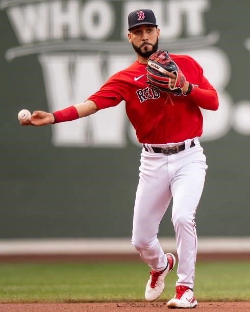 Marwin Gonzalez of the Boston Red Sox throws during the first inning of a game against the Houston Astros on June 9, 2021 at Fenway Park in Boston,...