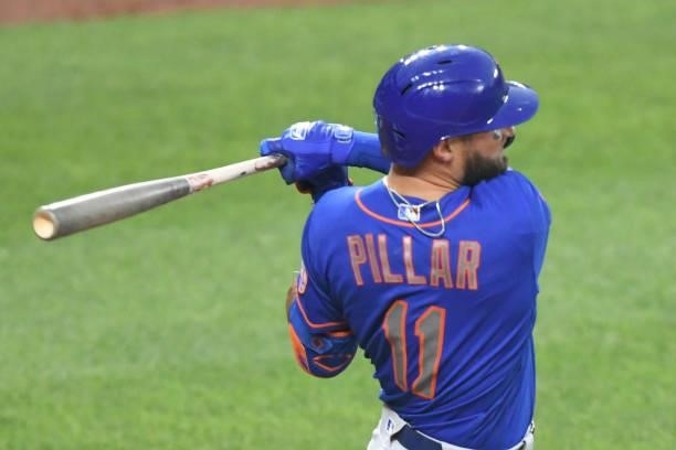 Kevin Pillar of the New York Mets hits a three-run home run in the third inning against the Baltimore Orioles at Oriole Park at Camden Yards on June...