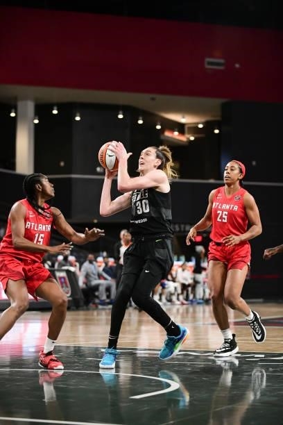 Breanna Stewart of the Seattle Storm drives to the basket during the game against the Atlanta Dream on June 9, 2021 at Gateway Center Arena in...